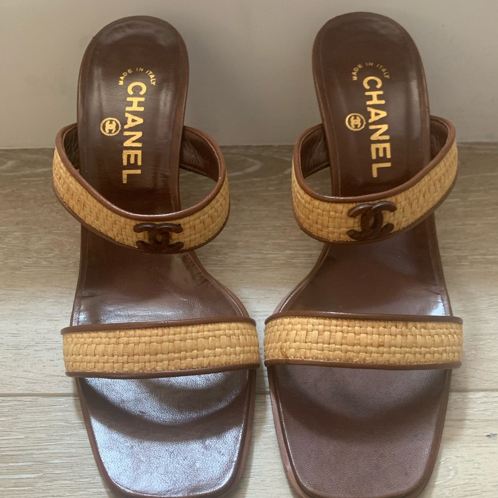 Auth Chanel Raffia Strappy Sandals.